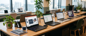 Multiple refurbished business laptops on office desk